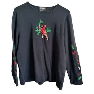 Cardinal Holly Long Sleeve Shirt Size XL Embroidery Winter Christmas Bird